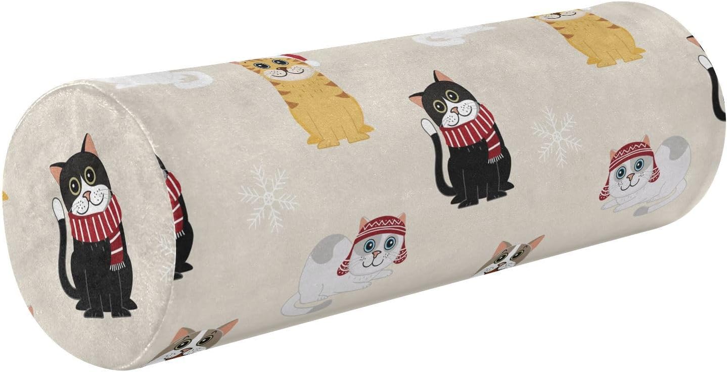 KLL Cute Cat in Christmas Costume and Snowflake Round Cervical Roll Bolster Pillow Neck Roll Pillow Round Pillow Insert 17 Inch Cylinder Pillow