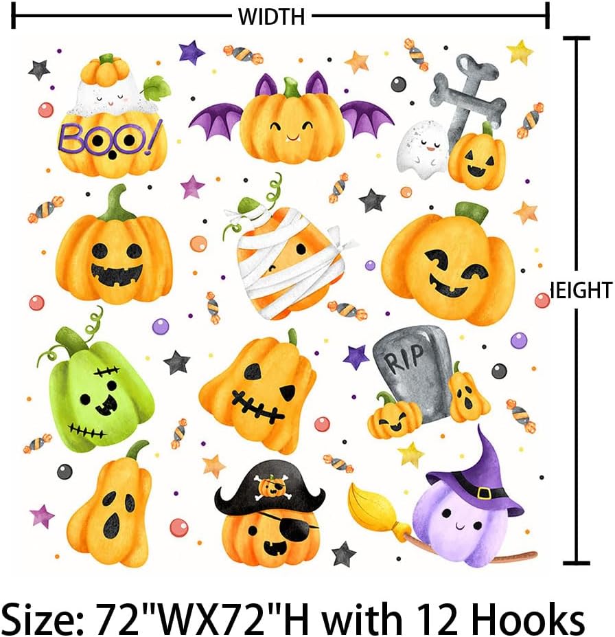 AIBIIN Cortina de ducha de calabaza de Halloween de 72 x 72 pulgadas para baño, naranja, morado, verde, calabaza, sombrero mágico, caramelos,