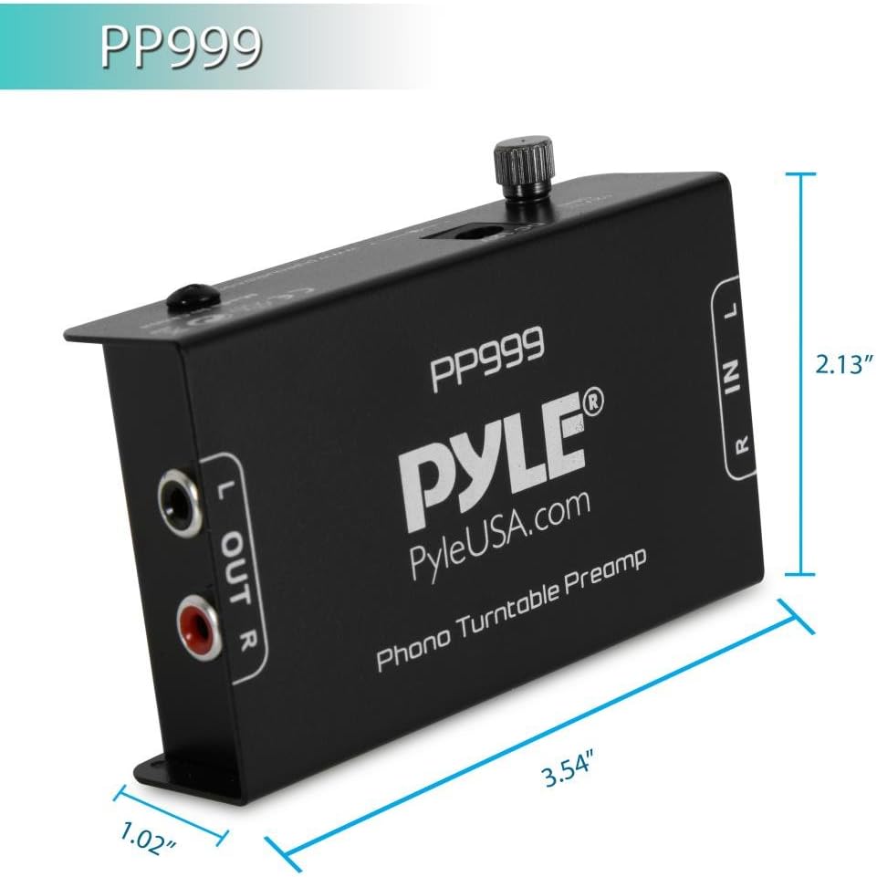 Pyle Phono Turntable Preamp – Mini preamplificador de fonógrafo estéreo de audio electrónico con entrada RCA, salida RCA y operación de bajo ruido,