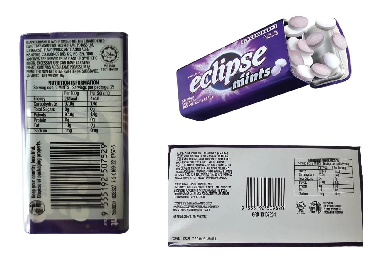 Lata de caramelo de menta afrutada sin azúcar, no derretida, 4 latas y 4 latas sabor grosella negra, 1.24 onzas por lata (paquete de 8 latas)