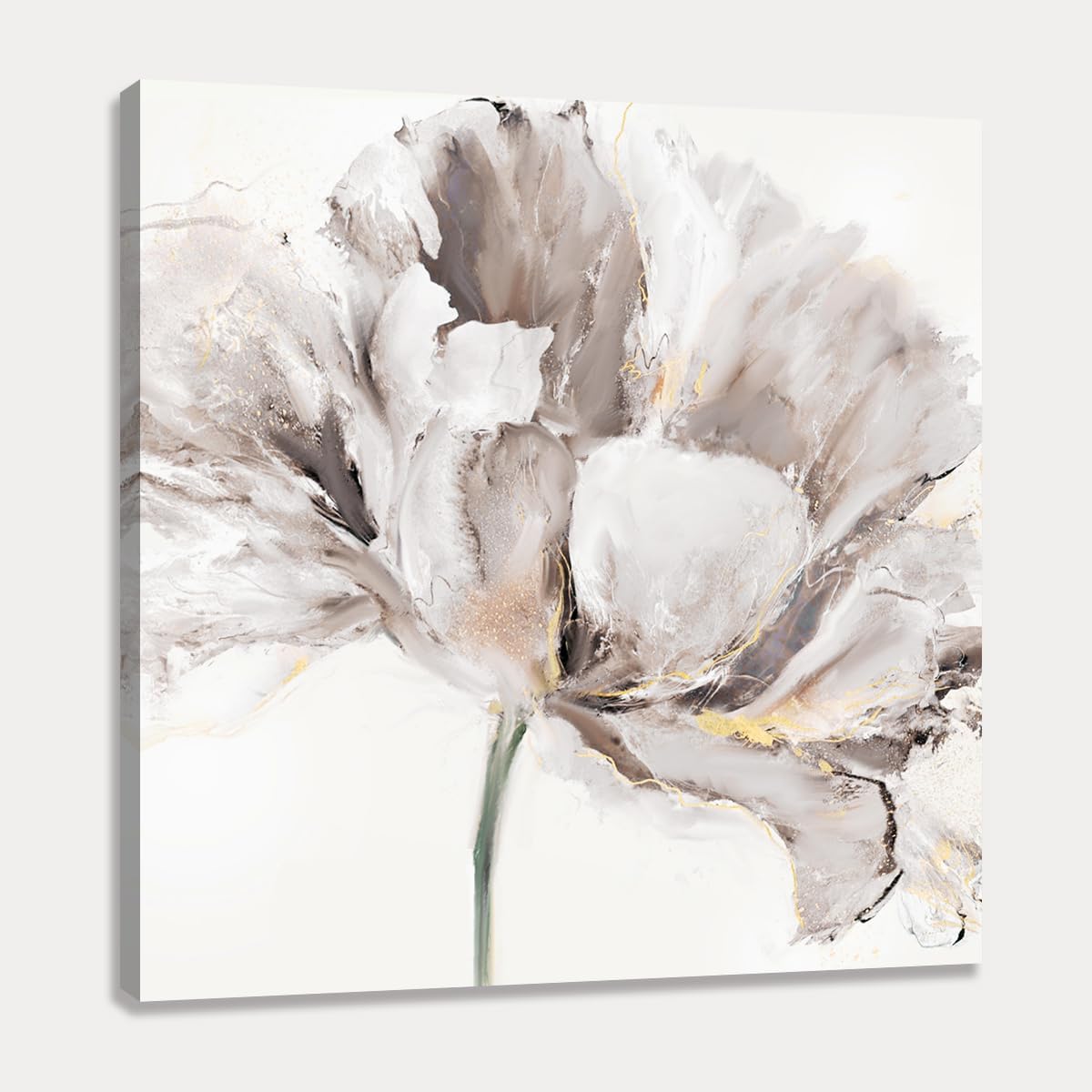 Arte de pared de flores florecientes, arte de pared blanco abstracto floral con pintura a mano dorada sobre lienzo para paredes de baño y