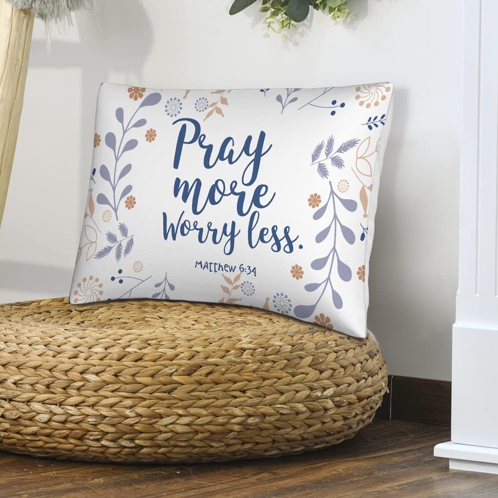 Funda de almohada rectangular con cita bíblica con diseño floral de Pascua, con frase en inglés “Pray More Worry Mens”, funda de cojín rectangular