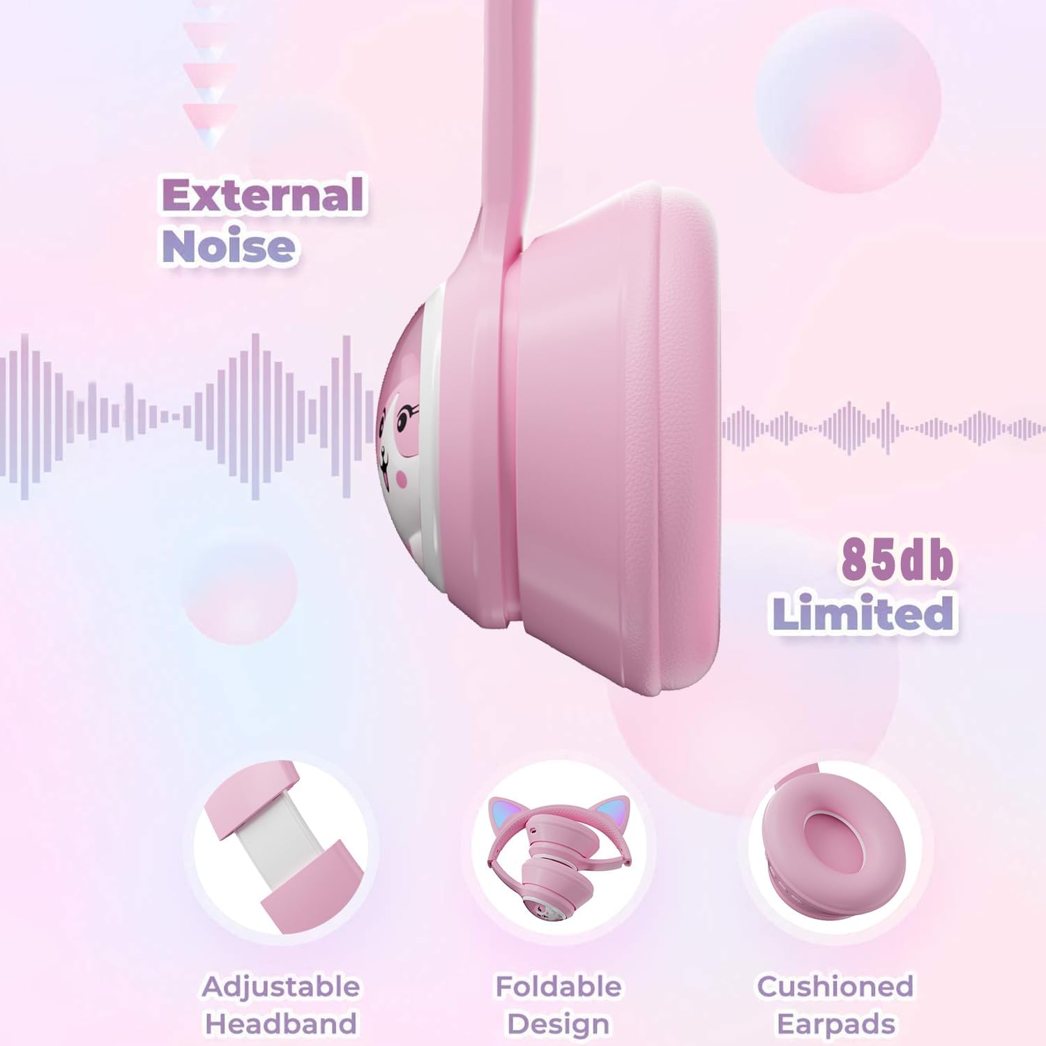 TOKANI Auriculares inalámbricos Bluetooth para niños, adolescentes y adultos, auriculares Bluetooth con micrófono, auriculares de oreja de gato para