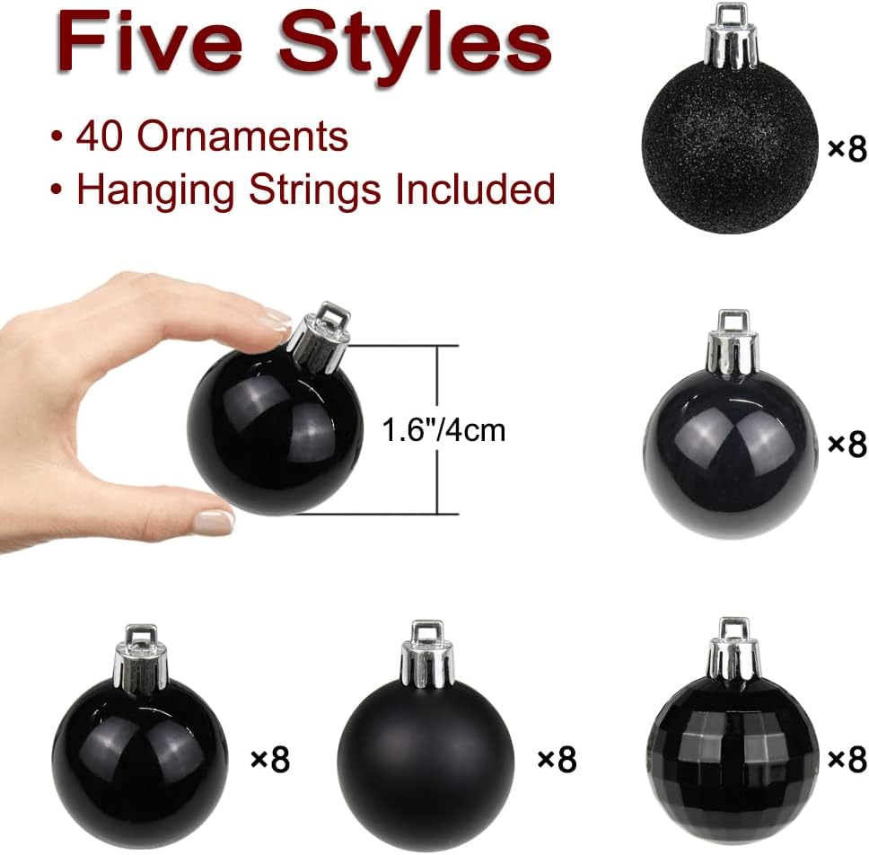 Adornos de bola de Navidad de 1.57 pulgadas, juego de adornos de Navidad negros inastillables, 40 piezas de adornos negros para árbol de Navidad,
