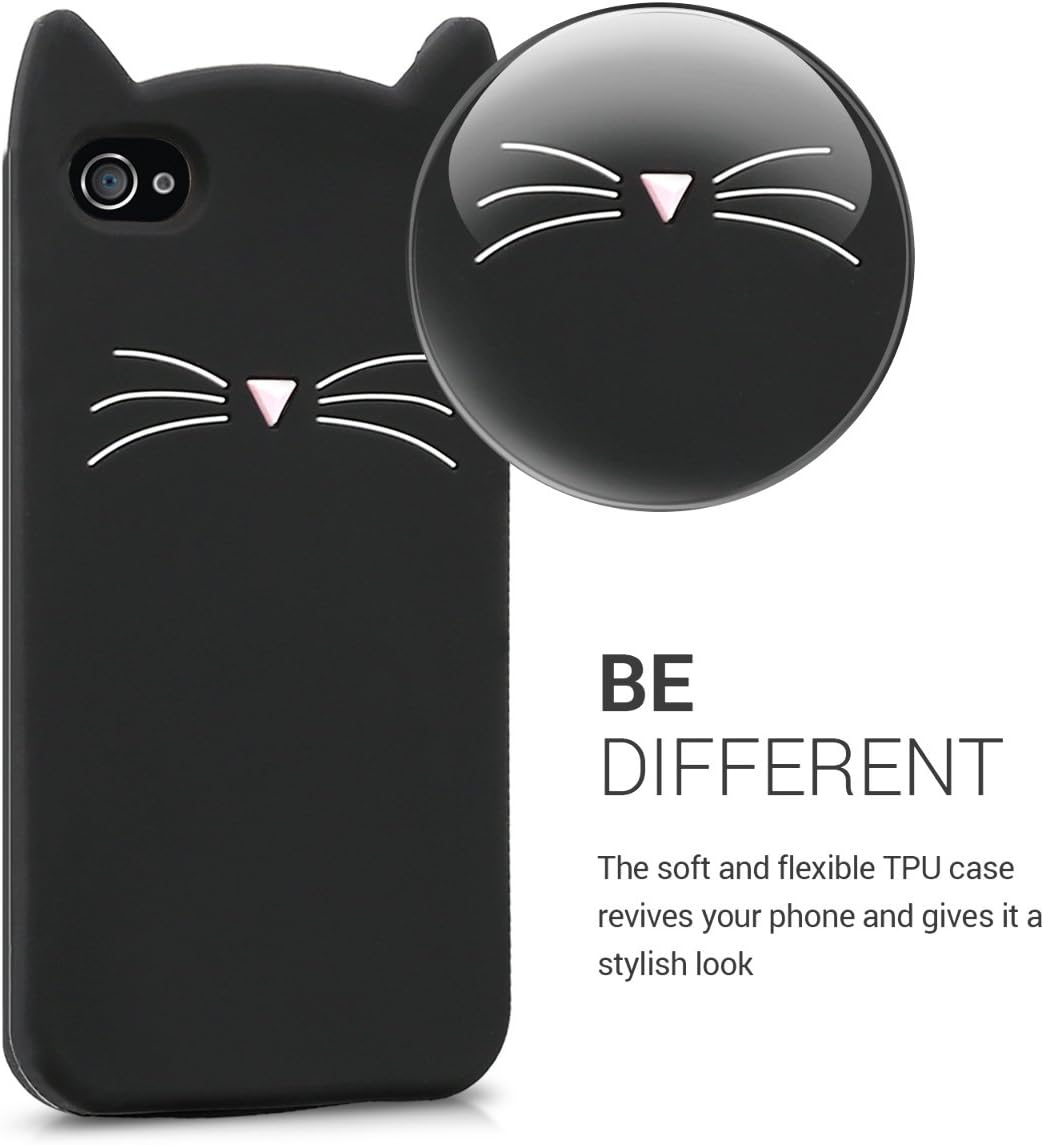 kwmobile Funda compatible con Apple iPhone 4 y 4S – Cat Case Soft Cute Funda protectora de silicona – NegroBlanco