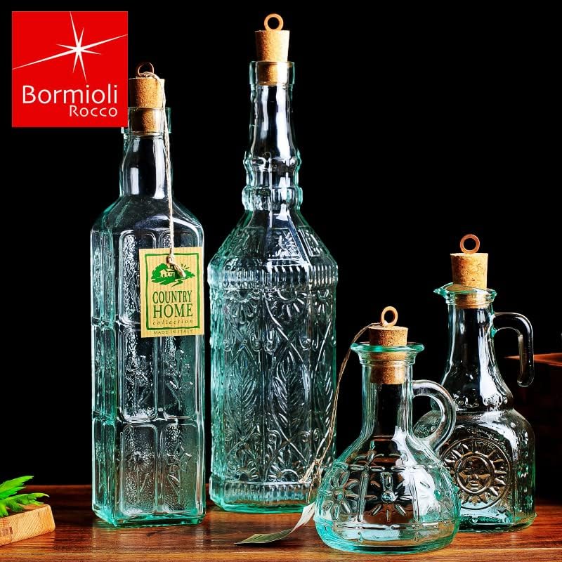 Bormioli Rocco Juego de 2 botellas Country Home Fiesole de 24 onzas con tapa de corcho natural, cristal de estrella teñido azul-verde, diseño