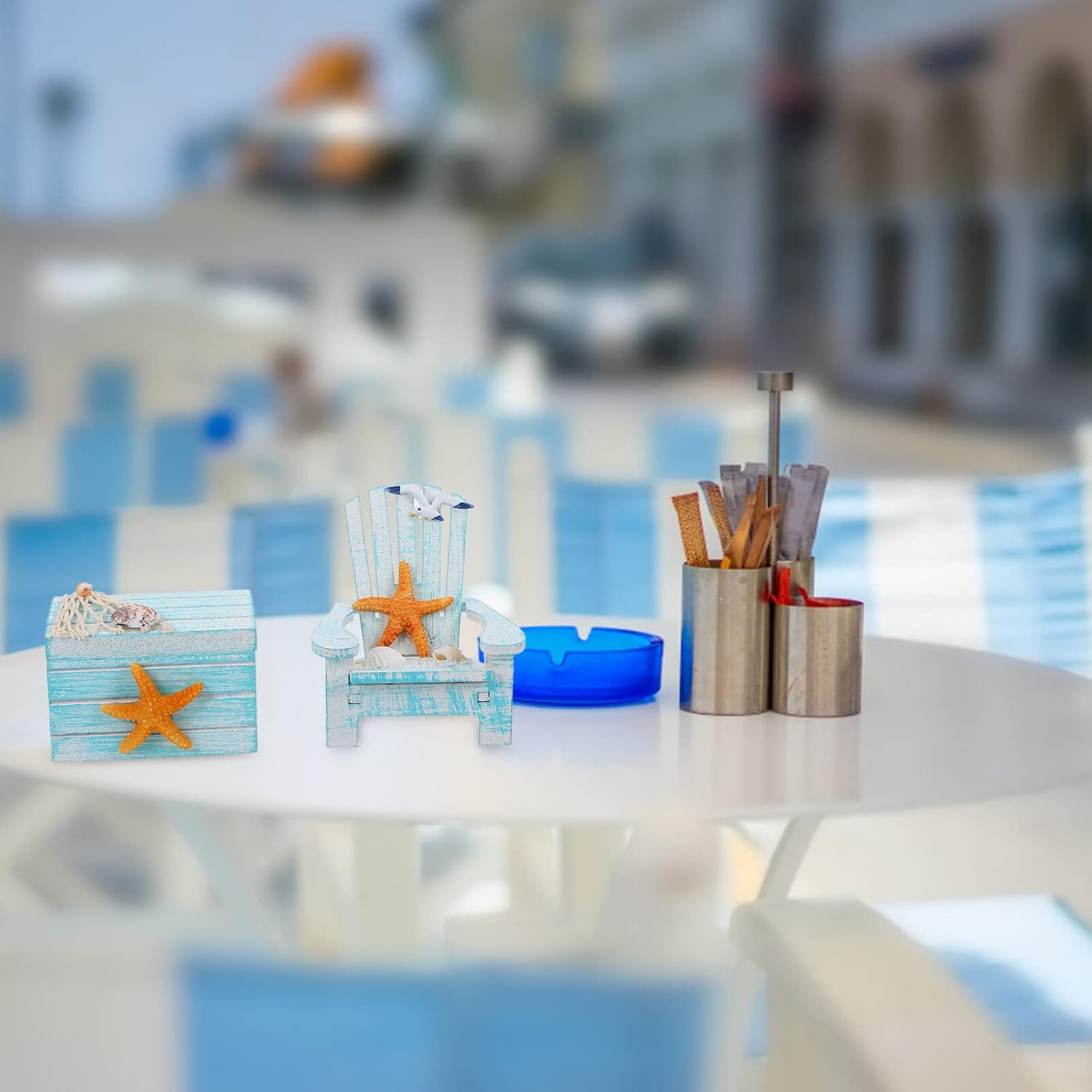 Decoración para el hogar, decoración de playa, 2 piezas, mini silla de playa náutica de madera, silla de playa en miniatura, caja de madera náutica,