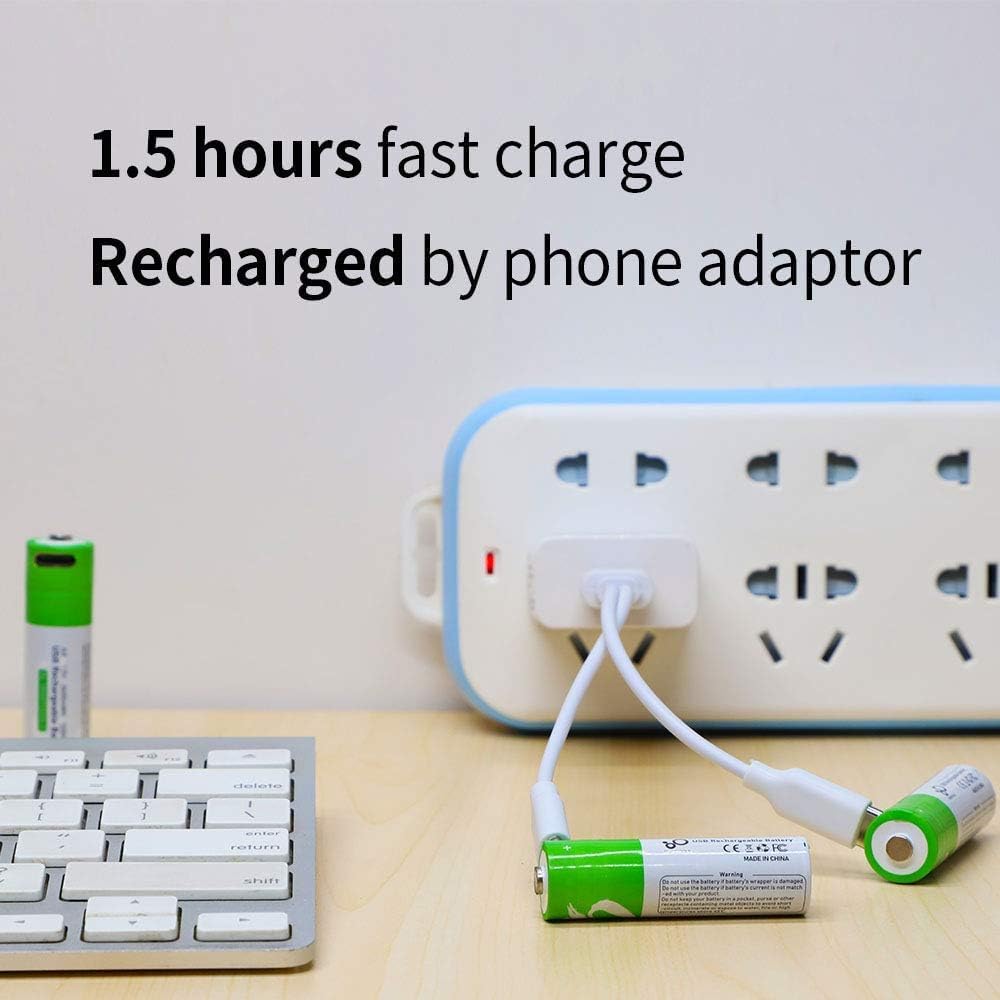 Batería recargable USB AA de iones de litio, batería AA recargable de alta capacidad de 1.5 V 2600 mWh, carga rápida de 1.5 H, 1200 ciclos con cable