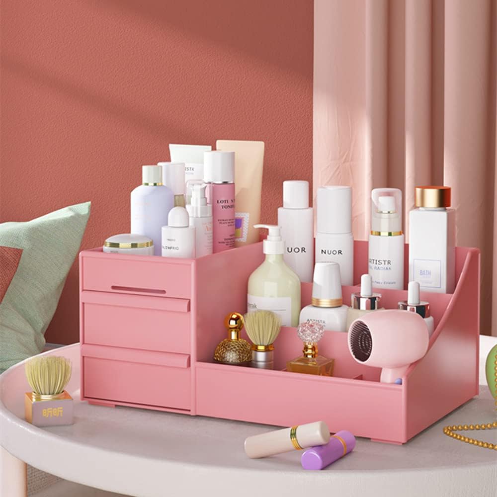 Organizador de escritorio de maquillaje con cajones, organizador de encimera para cosméticos, soporte de tocador para lápiz labial, pinceles,