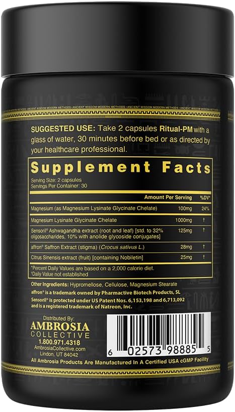 Ambrosia Ritual PM – Refuerzo para dormir profundo Fórmula natural clínicamente probada mejor que la melatonina – 60 cápsulas vegetales