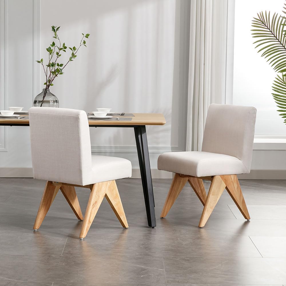 Wahson Juego de 2 sillas de comedor modernas tapizadas de lino de mediados de siglo, silla de comedor de tela moderna sin brazos con patas de madera