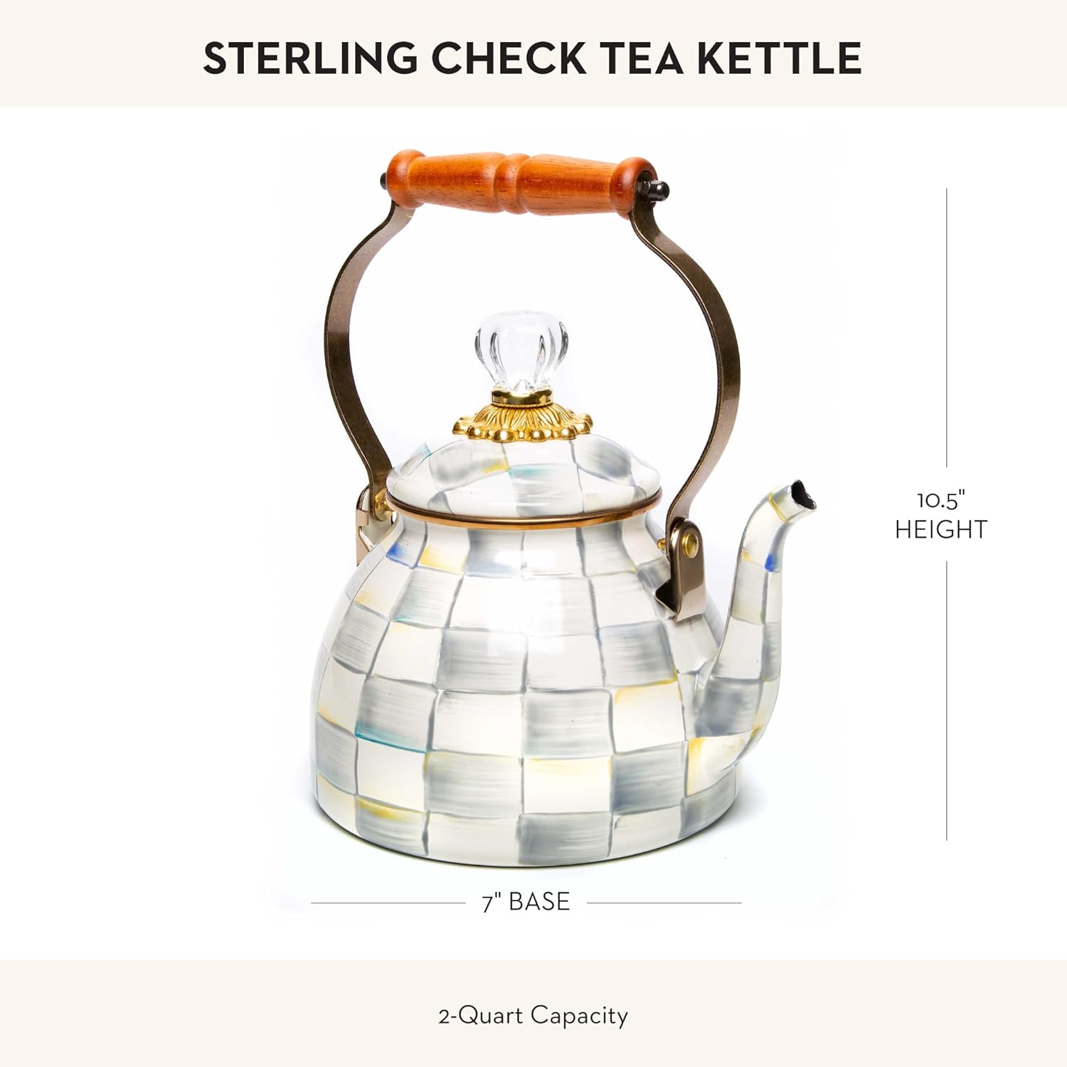 MacKenzie-Childs Sterling Check – Tetera esmaltada, tetera decorativa, capacidad de 2 cuartos de galón