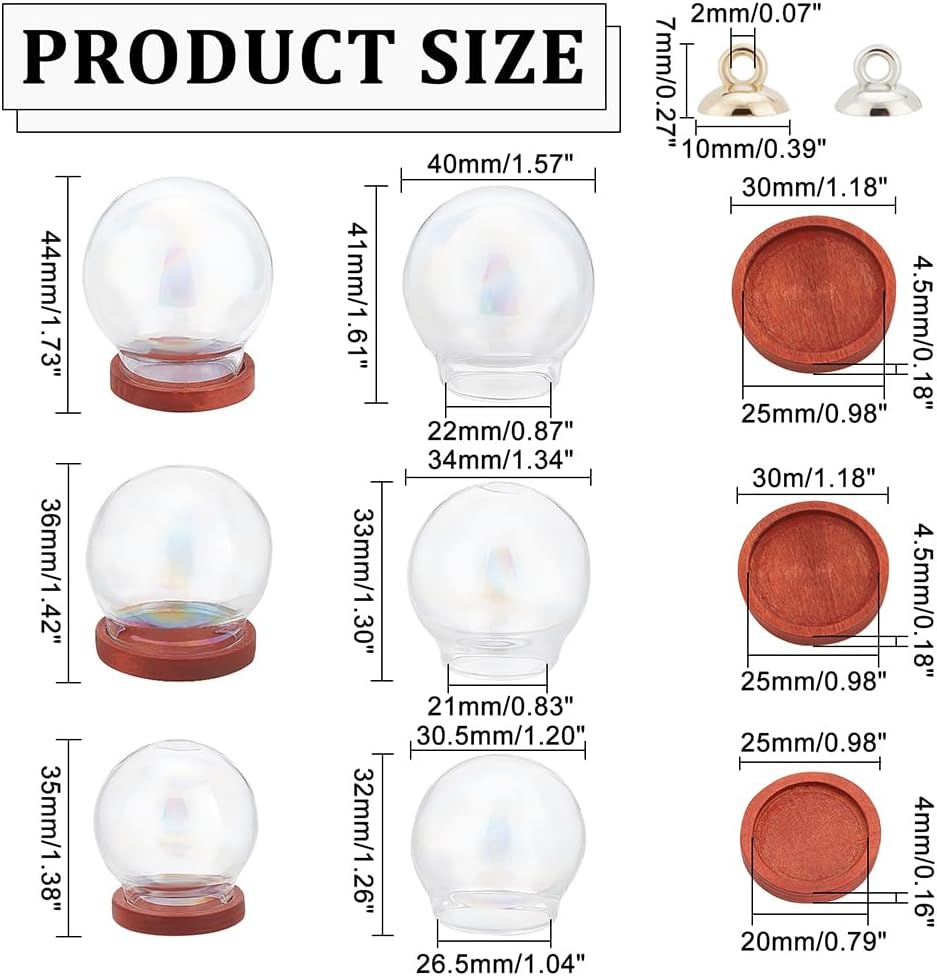 DELORIGIN 6 juegos de cubierta de cúpula de cristal, 3 tamaños de vitrina decorativa con base de madera, mini cúpula de cristal con 10 cuentas de