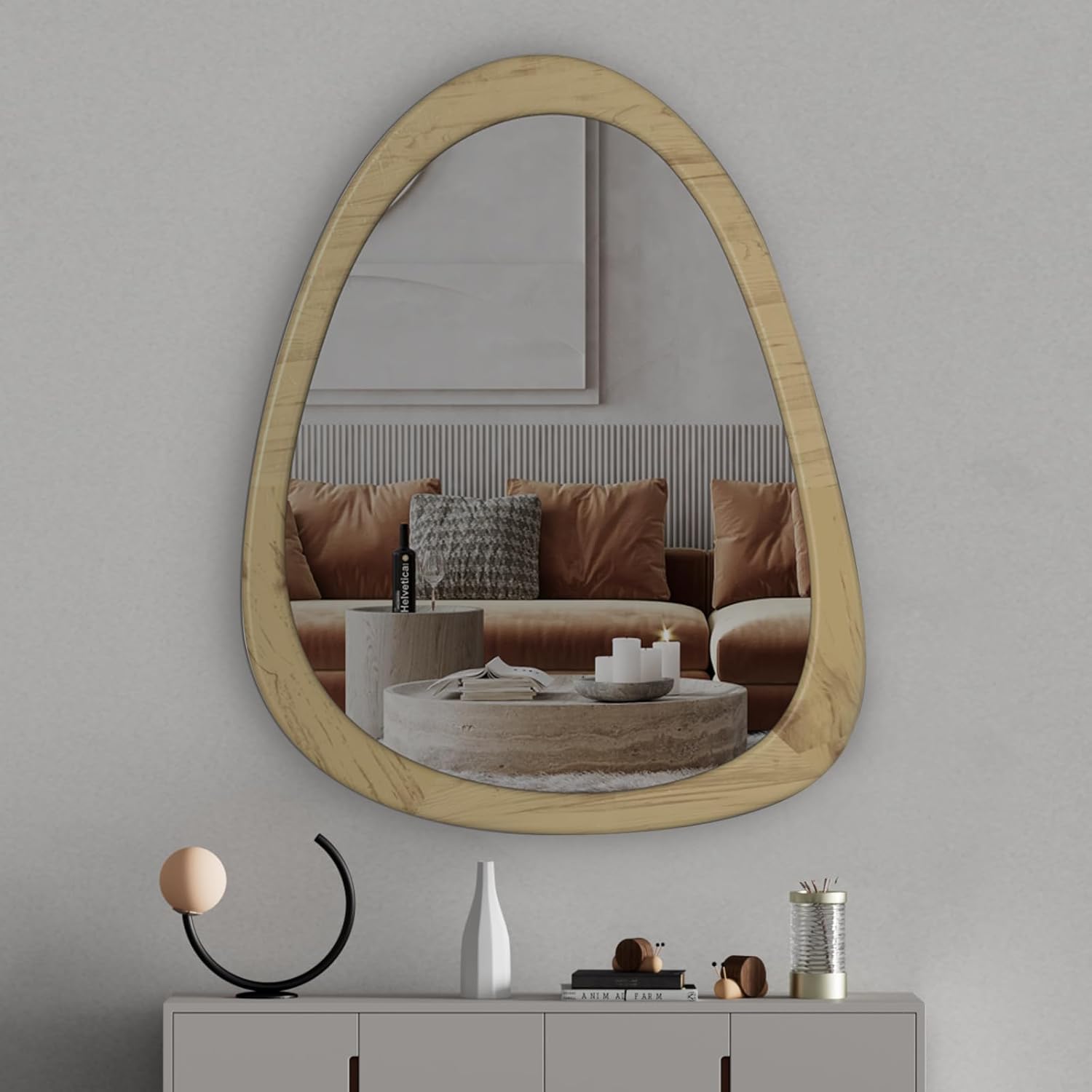 COOL2DAY Espejo irregular, espejo asimétrico de madera con marco de pared, espejo decorativo asimétrico abstracto, espejo de forma extraña para sala