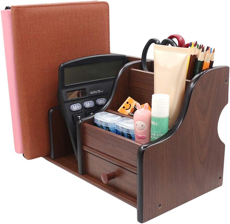 Coideal – Organizador giratorio de madera para guardar controles remoto o artículos de escritorio y oficina, con 4 compartimentos, Marrón