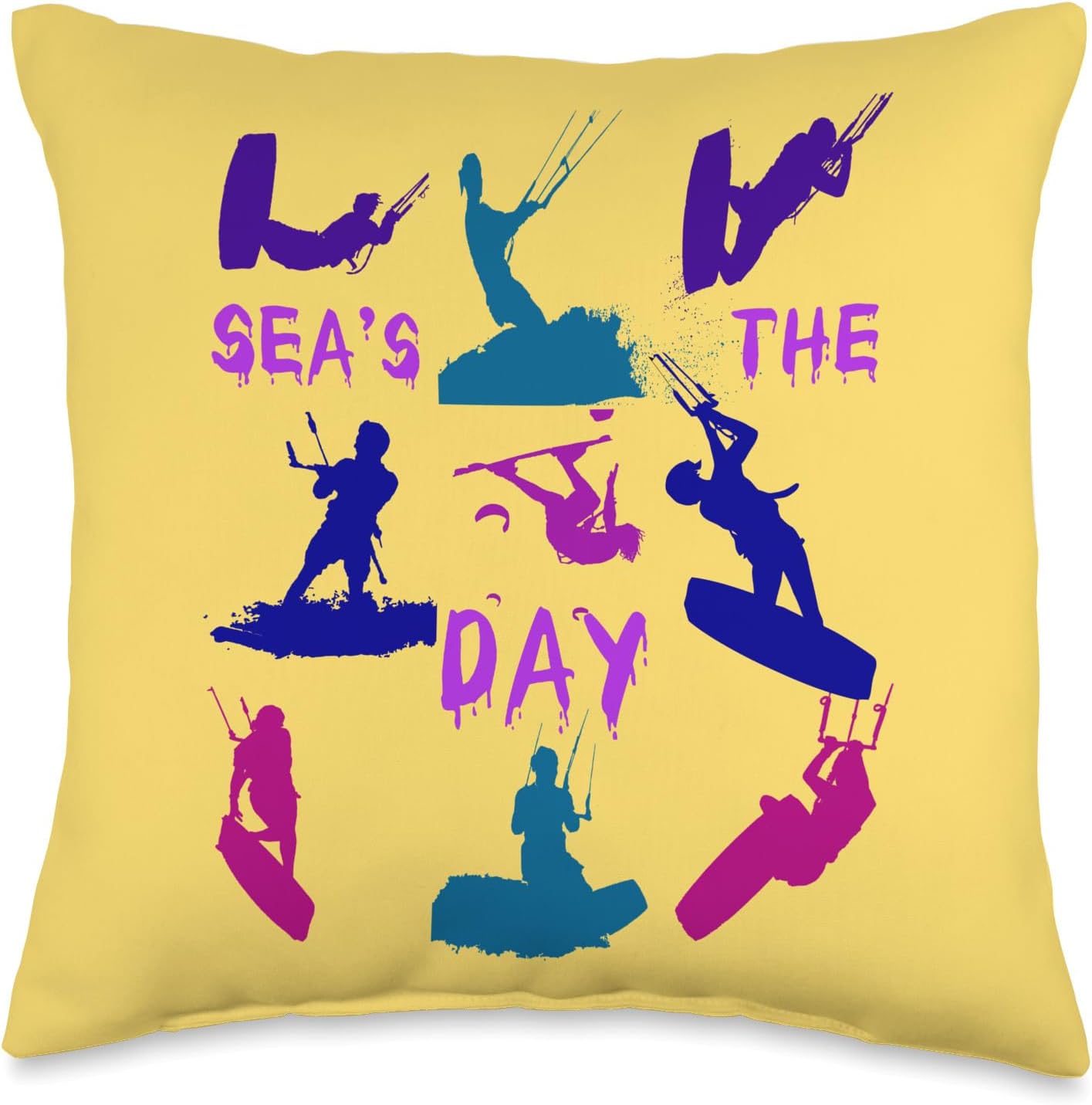 Kitesurf Gifts and Surf Lover Tees by taiche Kitesurfer Silhouette Pattern with Seas The Day Quote 5 Throw Pillow, 16×16, Multicolor