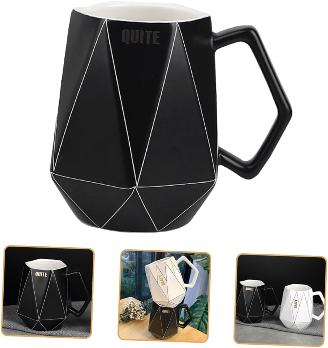 RORPOIR Mug Tea Cup with Lid Vintage Tea Cups Cappuccino Cup Black Ceramic Tea Cup Geometric Line Ceramic Cup Coffee Cup With Cover Water Cup