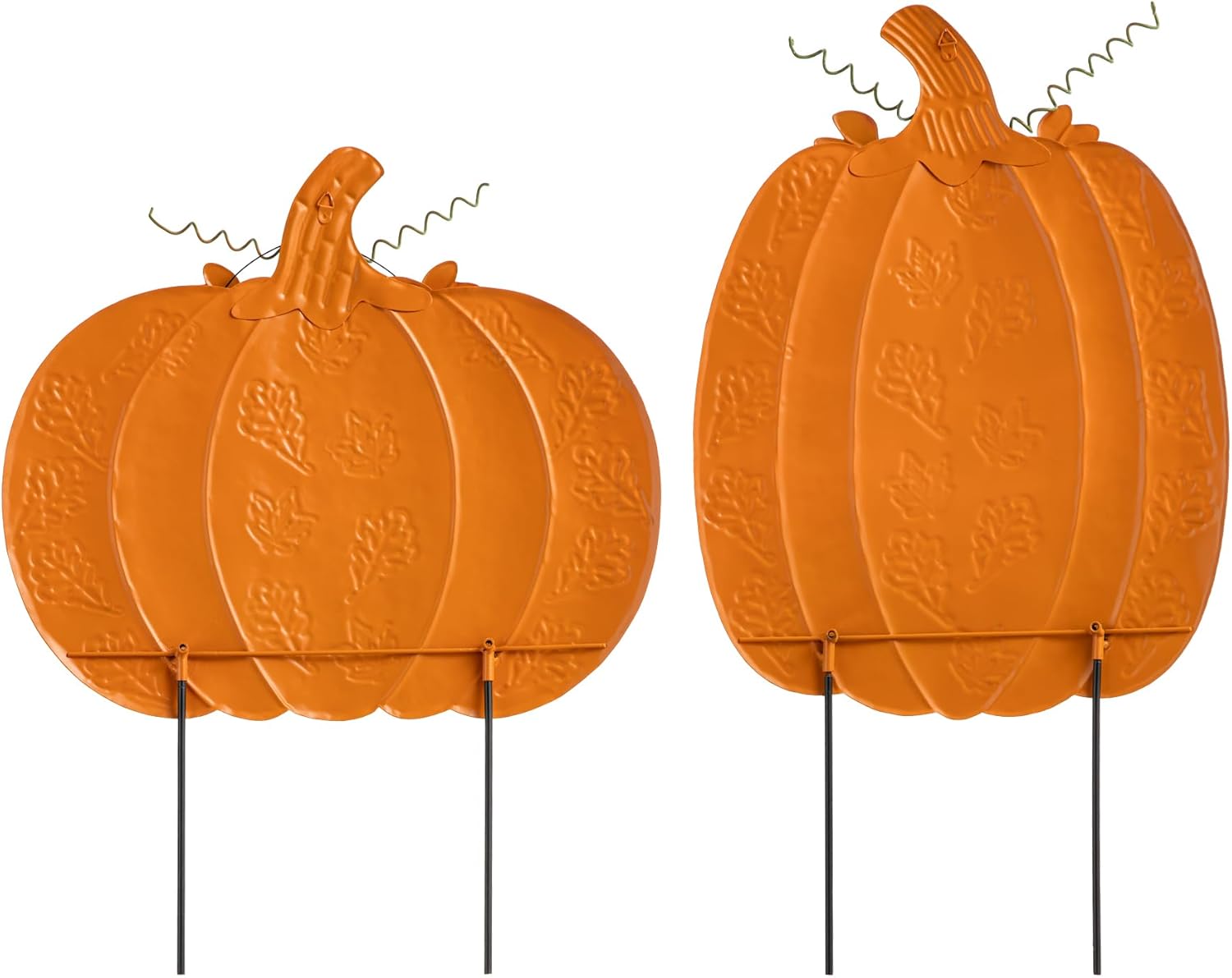 Glitzhome Juego de 2 estacas de jardín para decoración de otoño, juego de 2 letreros grandes de calabaza de metal de otoño para patio, calabaza