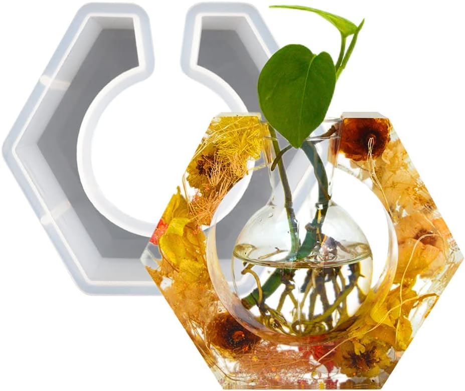 Molde de resina de silicona para estación de propagación de plantas, molde epoxi hexagonal para hidropónico, con botella de plástico para decoración