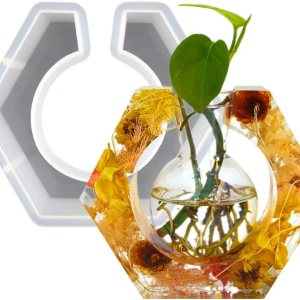 Molde de resina de silicona para estación de propagación de plantas, molde epoxi hexagonal para hidropónico, con botella de plástico para decoración Molde de resina de silicona para estación de propagación de plantas, molde epoxi hexagonal para hidropónico, con botella de plástico para decoración