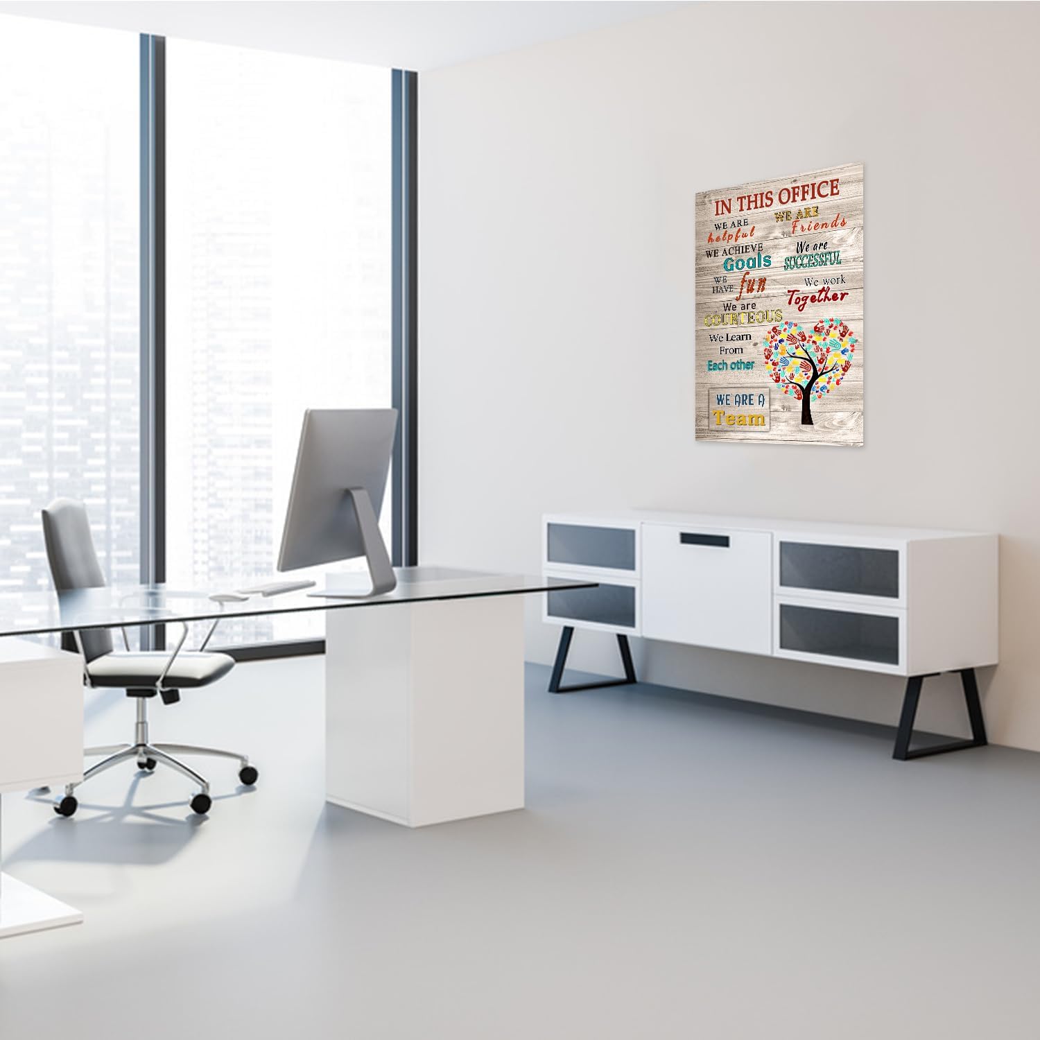 WHAOMIOT Póster inspirador para pared, decoración de pared positiva de oficina, lienzo impreso con texto en inglés In This Office We Are A Team con