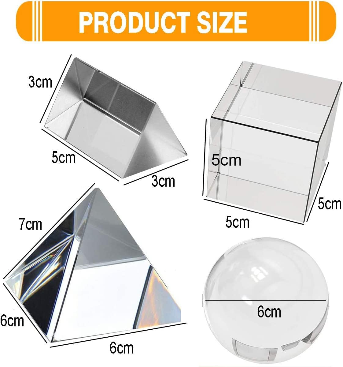 Toolly Paquete de 4 prismas de fotografía de cristal óptico K9, incluye bola de cristal de 1.969 in, cubo de cristal de 1.969 in, prisma triangular