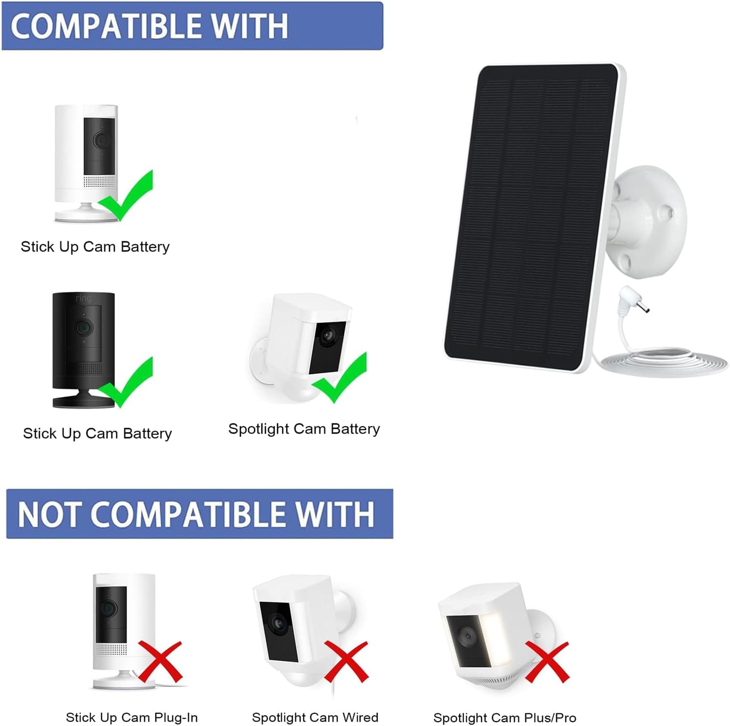 Paneles solares de 5 W para cámaras de seguridad  Compatible con Ring Spotlight Cam (batería), batería Ring Stick Up Cam  Cable de carga de 9.8 pies