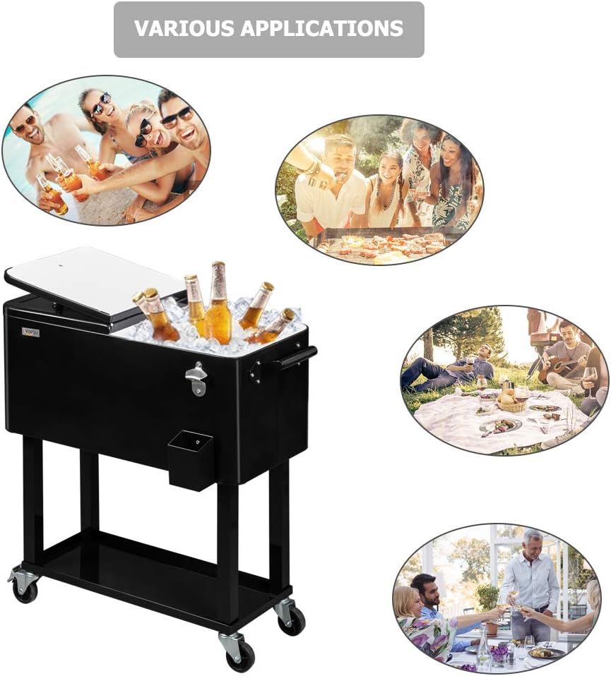VINGLI Carrito rodante de 80 cuartos de galón con ruedas, enfriador de bebidas portátil para bar, fiesta de patio, piscina, baúl de hielo con