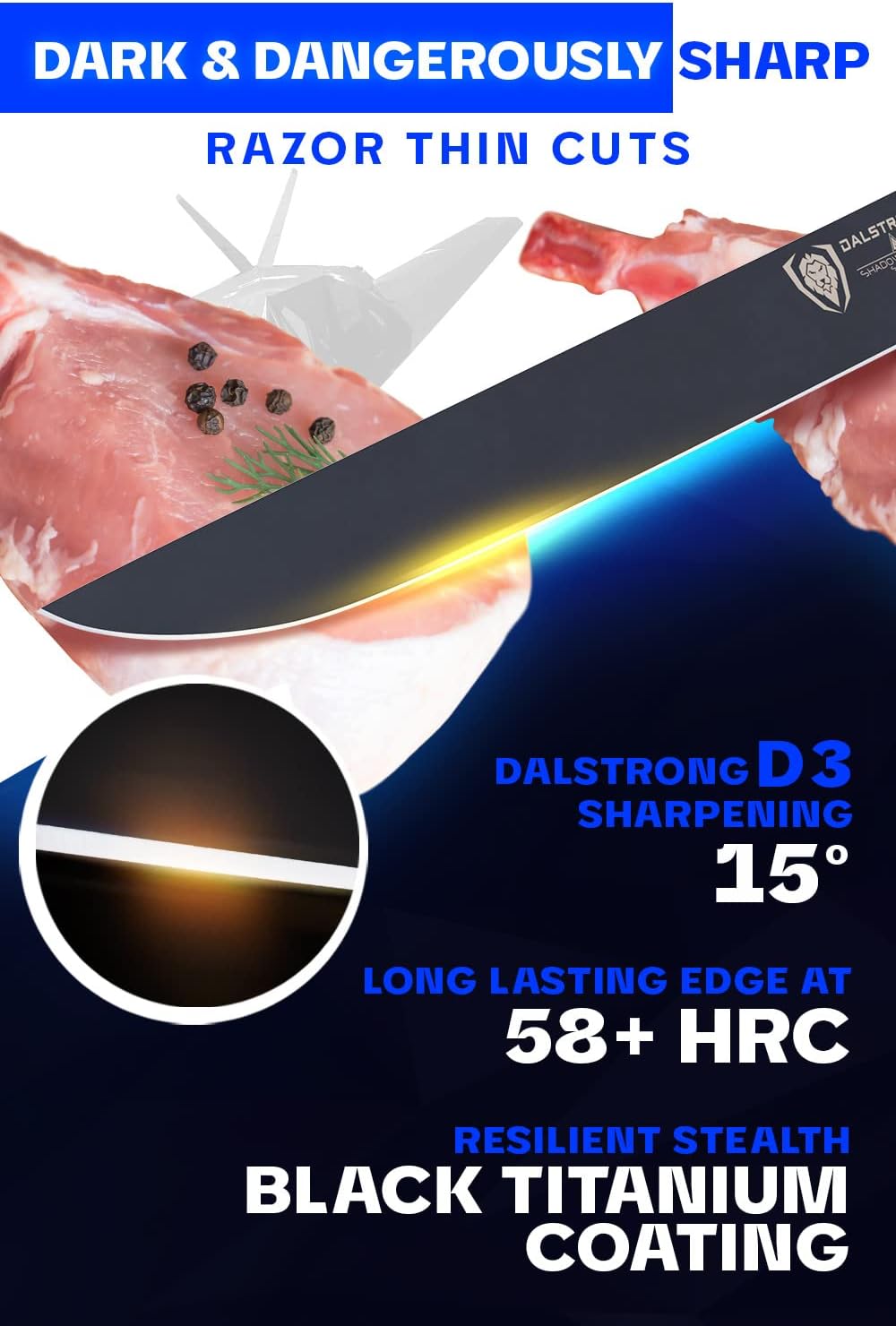 Dalstrong – Shadow Black Series – Cuchillo de acero HC alemán con revestimiento de nitruro de titanio negro, Acero HC alemán con revestimiento de