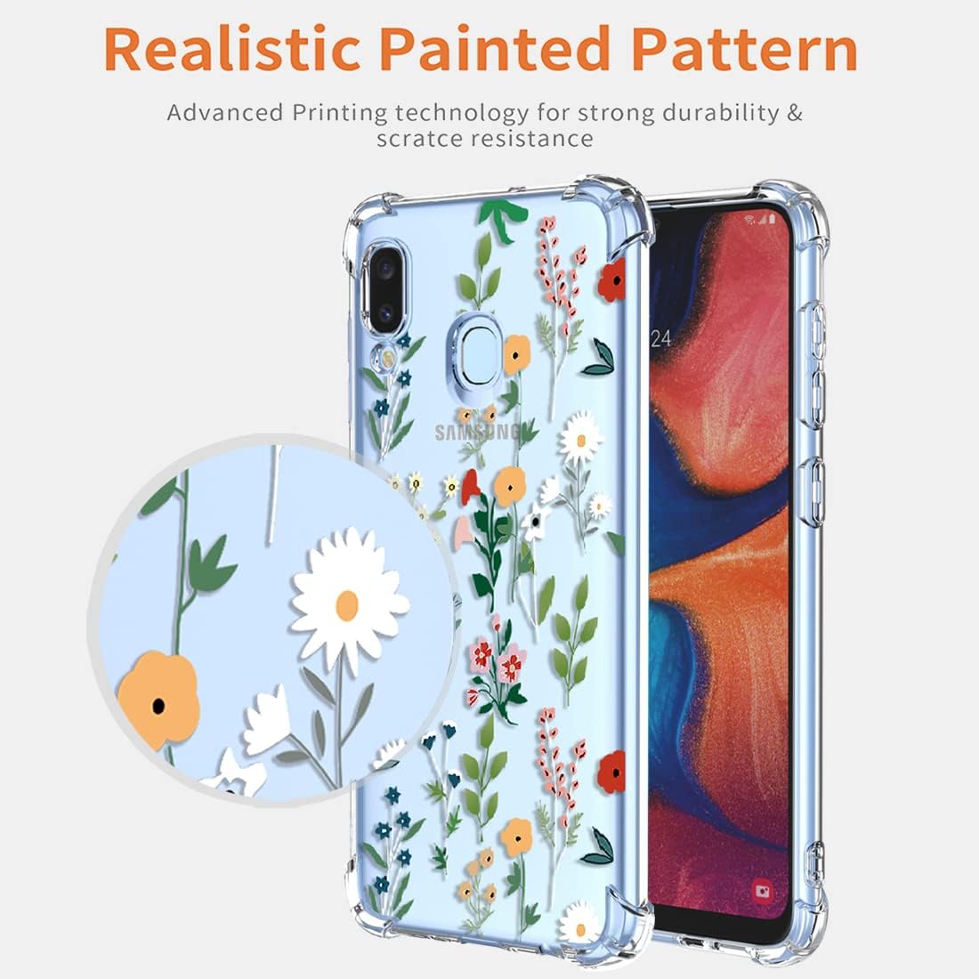 Funda para Galaxy A20Galaxy A30 SM-A205U SM-A305F Funda transparente con diseño de TPU suave absorción de impactos, patrón de jardín de flores,