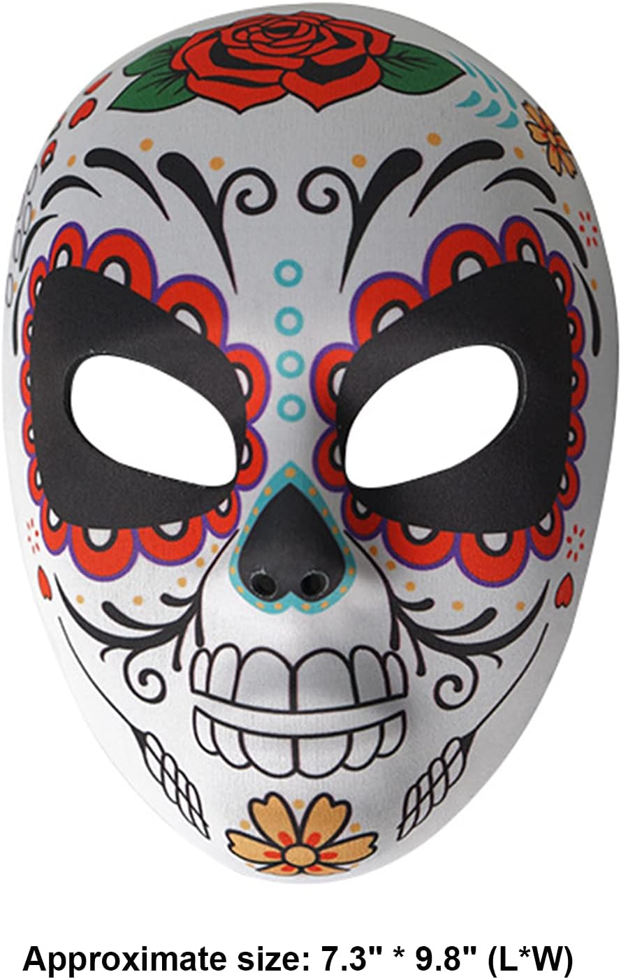 2 máscaras de calavera de azúcar del Día de los Muertos, máscara de cara completa para mujer, esqueleto zombi, hueso, flor, hoja, máscara para