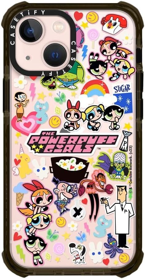 CASETiFY Funda Ultra Impact para iPhone 13 Mini Co-Lab  protección contra caídas de 9.8 pies  The Powerpuff Girls Stickermania – Negro transparente
