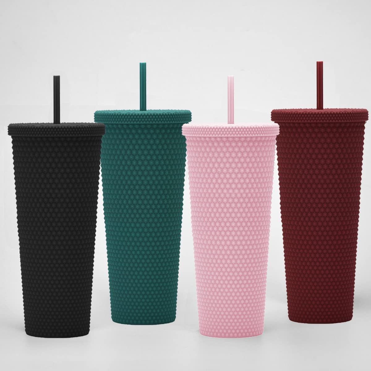Vaso con tachuelas de 24 onzas. Vaso con tachuelas negras mate con tapa y pajita. Vaso de viaje reutilizable con aislamiento de doble pared. Vaso de
