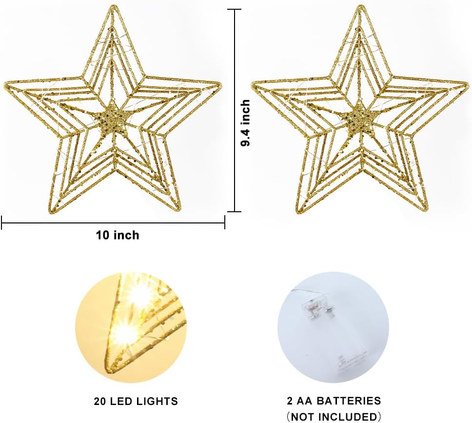 Decoración para árbol de Navidad, estrella dorada de hogardeck para decoración de Navidad, 20 luces LED con purpurina para decoración de árbol de