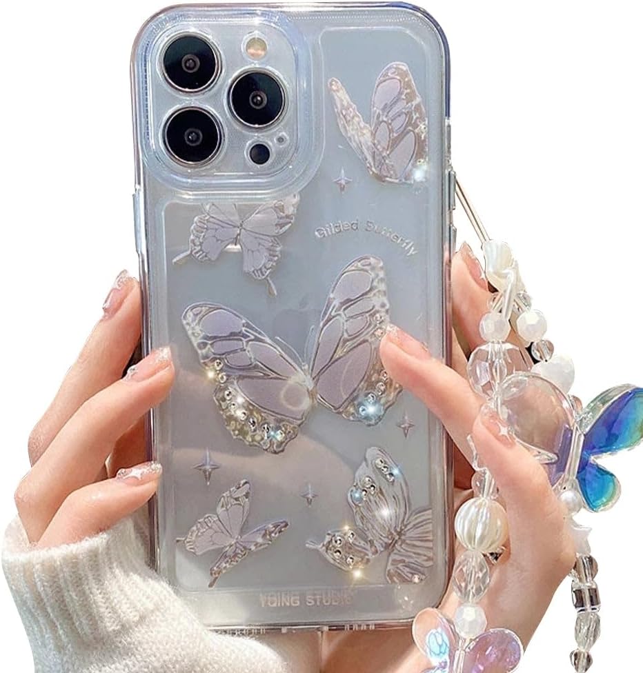 Casechics Compatible con funda para iPhone, de lujo, transparente, con bonito diseño de mariposa, correa para pulsera, cadena, transparente, suave,