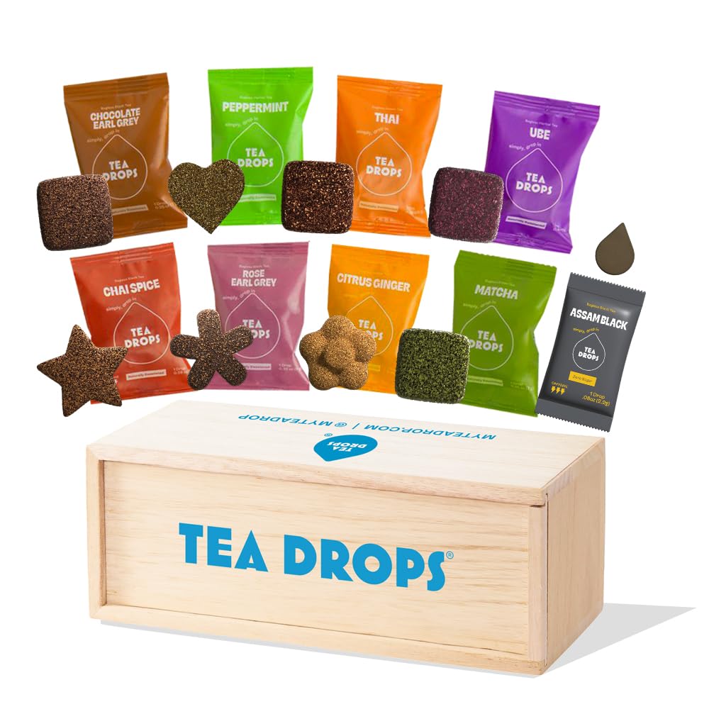 Tea Drops Set de regalo 9 muestras de té orgánico de hojas sueltas (Chai, Earl Grey, cítricos, jengibre, rosa, matcha, menta, Ube, Assam Thai)