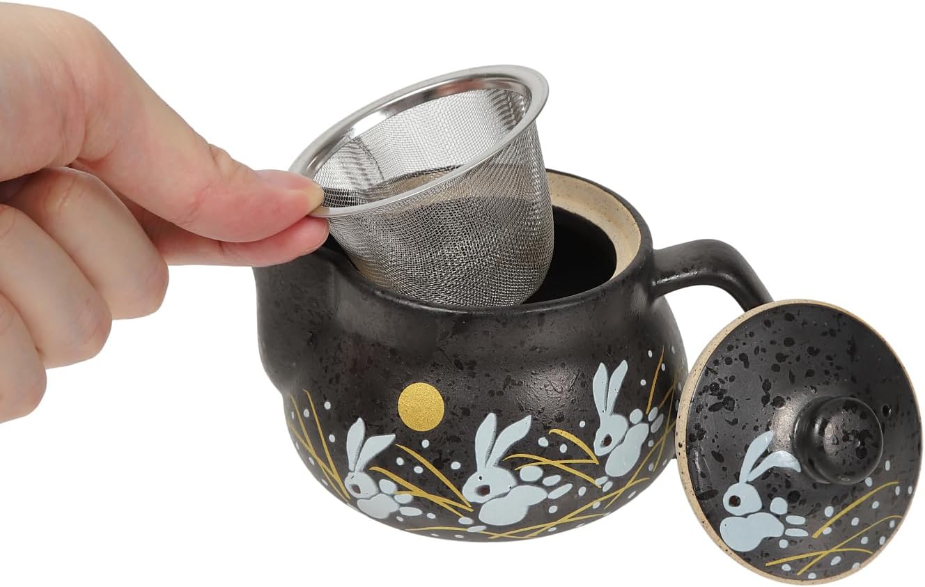 HAKONE YOSEGI Tetera japonesa Kutani Yaki de conejo Kutani Yaki de 10 onzas con infusor extraíble, taza con asa, tetera segura para estufa, set de