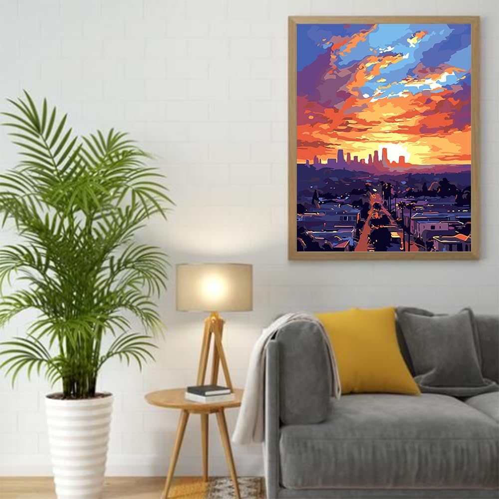 QUITEDEW Pintura de ciudad por números para adultos, pintura al atardecer por números para principiantes, pintura al óleo de bricolaje pinturas
