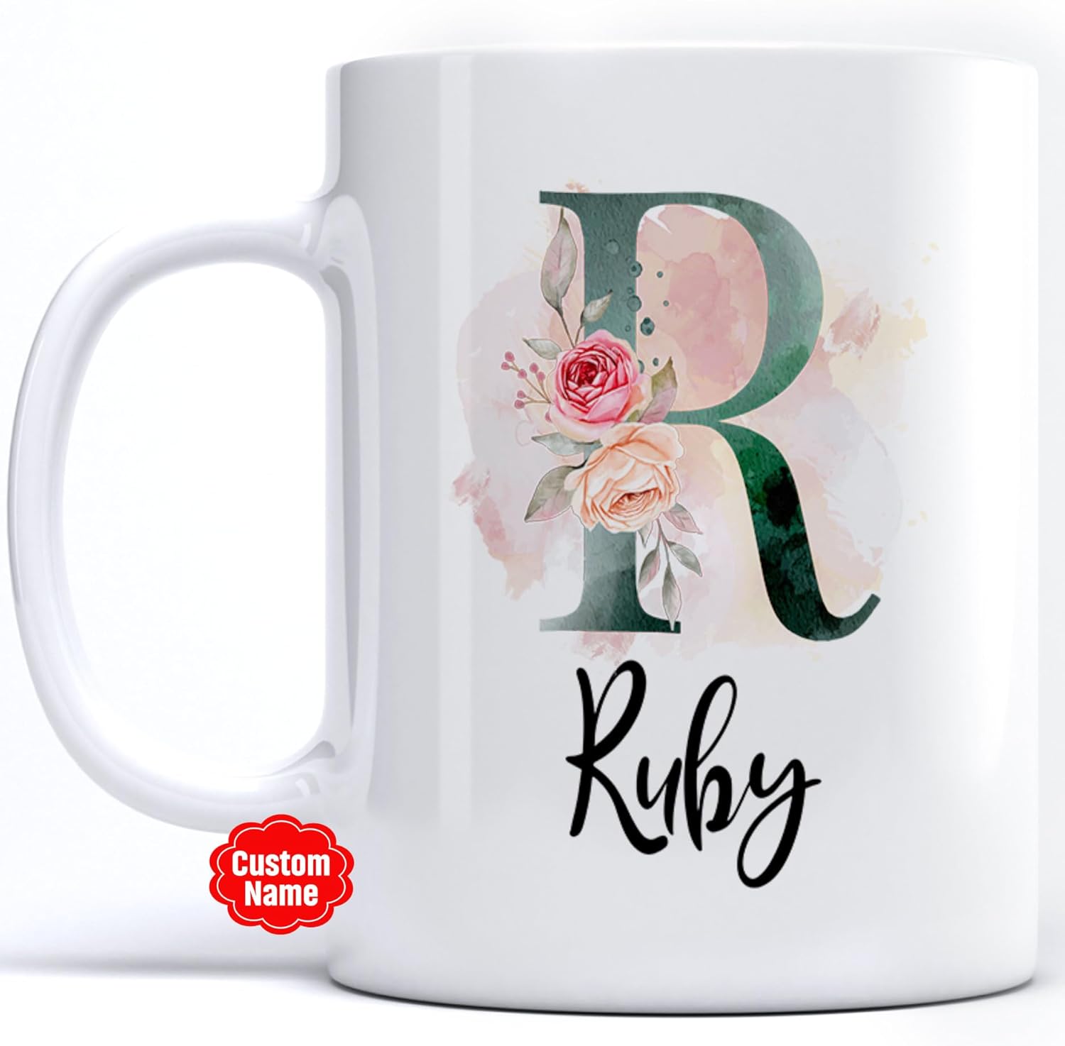 PREZZY Taza personalizada con letra R con inicial, monograma personalizado, taza de café floral, regalos para mujeres, hombres, familiares, amigos,