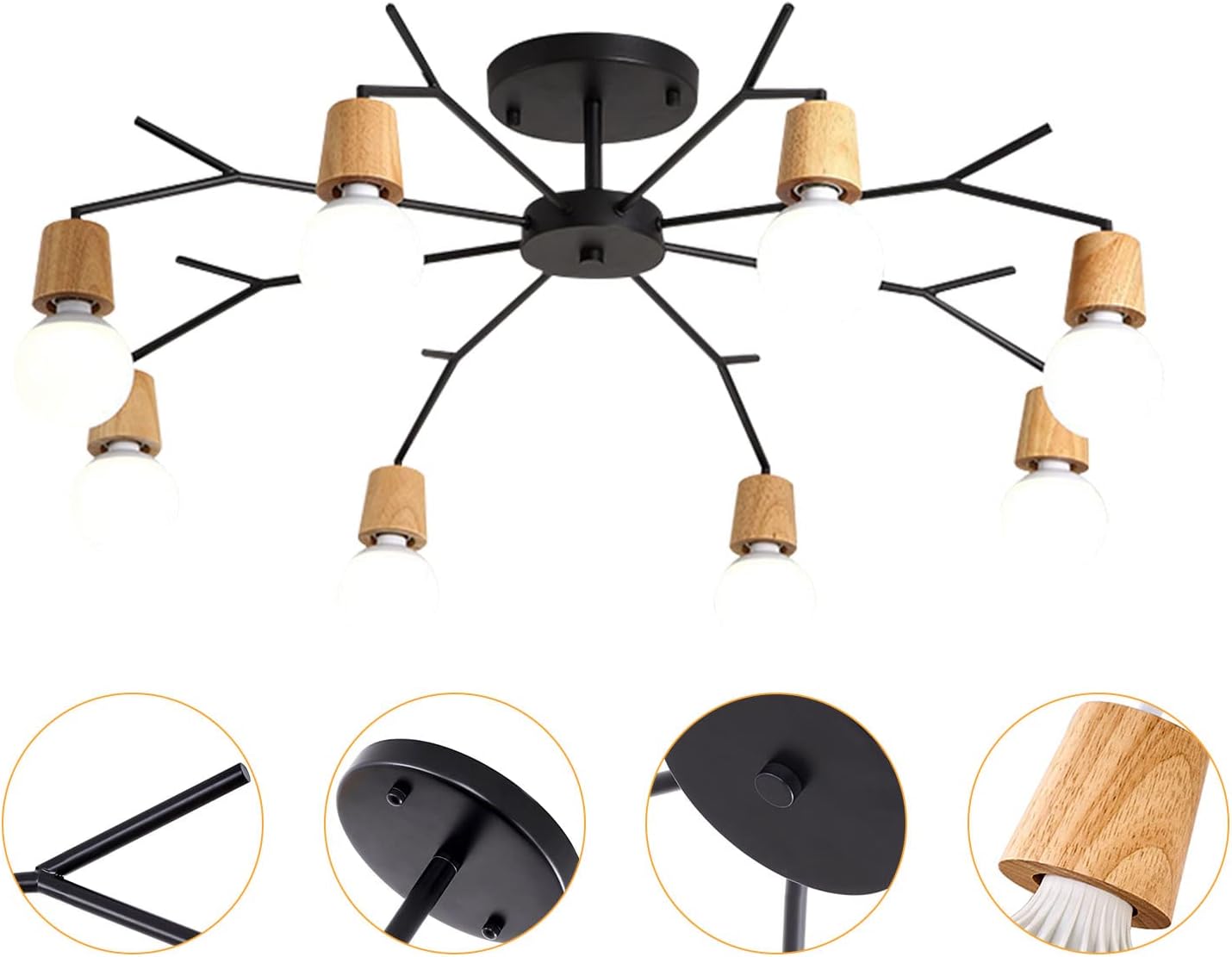 Lámpara de techo moderna de 6 luces, enchufe de bombilla E26 de montaje semiempotrado, lámpara de araña negra y dorada para dormitorio, sala de