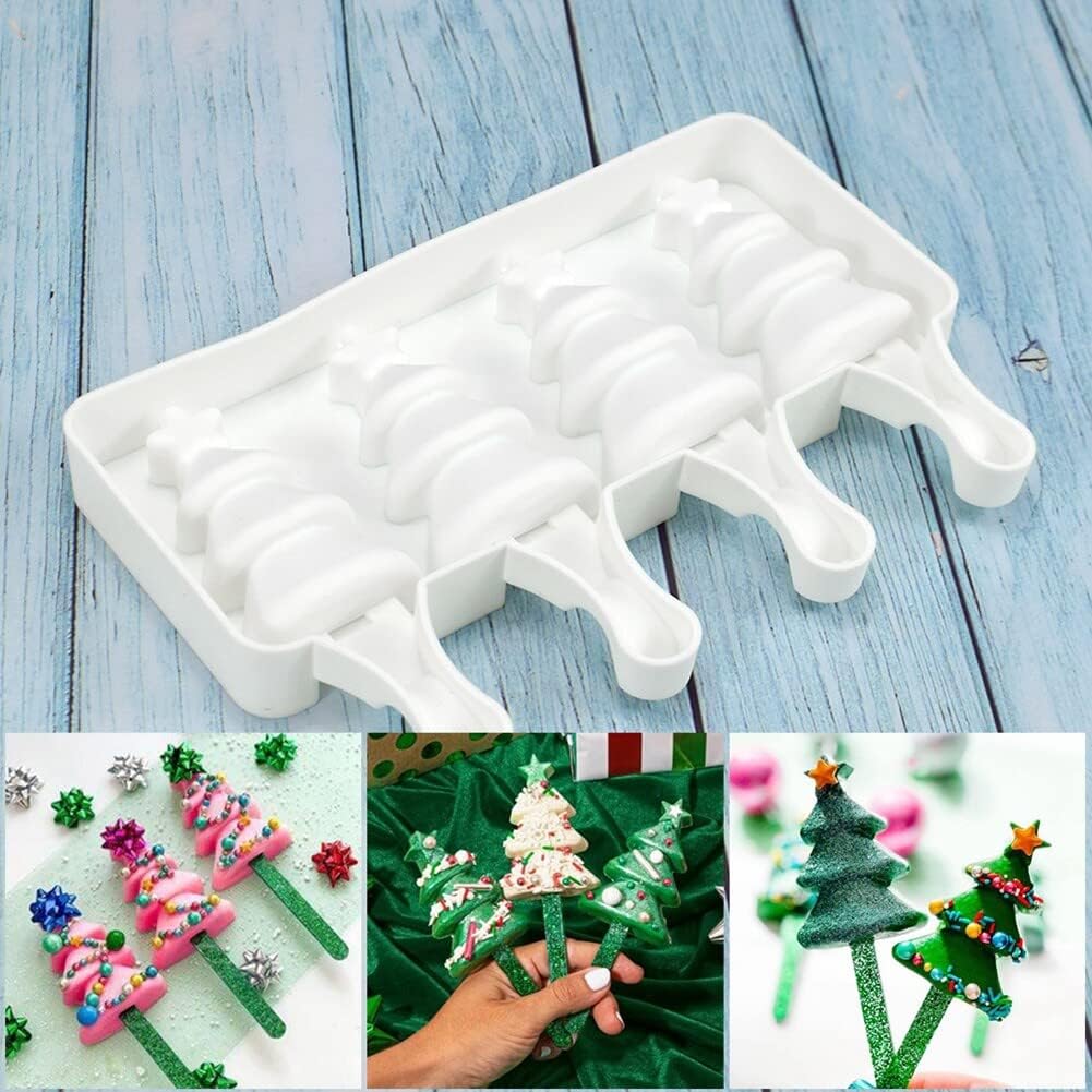 Moldes de paletas con forma de árbol de Navidad, moldes de silicona para paletas de 4 cavidades para niños y adultos, moldes para helados, moldes