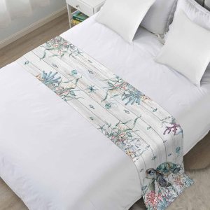 Camino de cama para cama tamaño Queen, manta de tortuga marina para pie de cama, manta vintage de verano para playa, costera costera, coral, océano, Camino de cama para cama tamaño Queen, manta de tortuga marina para pie de cama, manta vintage de verano para playa, costera costera, coral, océano,