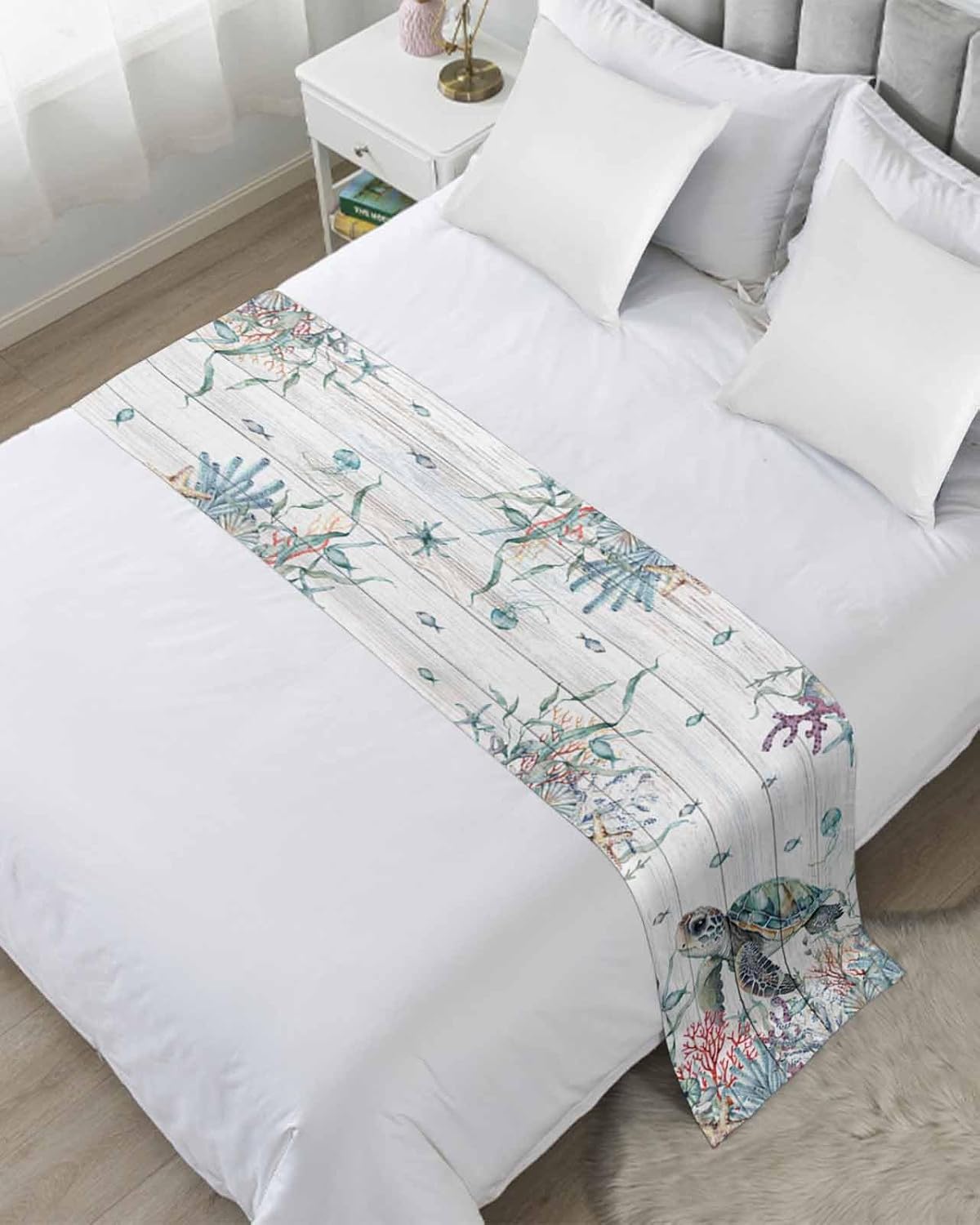 Camino de cama para cama tamaño Queen, manta de tortuga marina para pie de cama, manta vintage de verano para playa, costera costera, coral, océano,