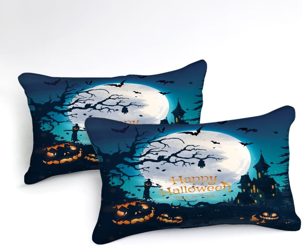 Herside Juego de edredón de Halloween con 2 fundas de almohada (azul, Queen)