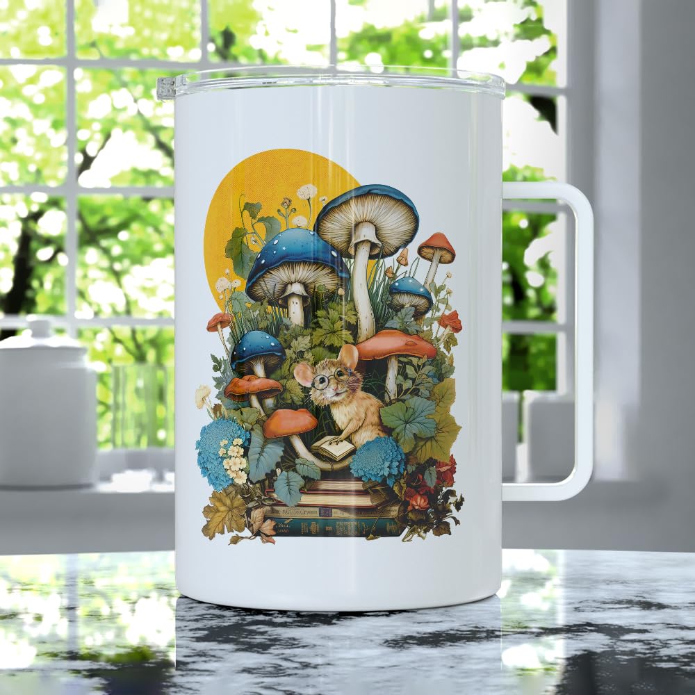Cozy Woodland Book Mouse Cottagecore Insulated Travel Coffee Mug with Lid, Bookish Mushroom Nature Cup (18oz)