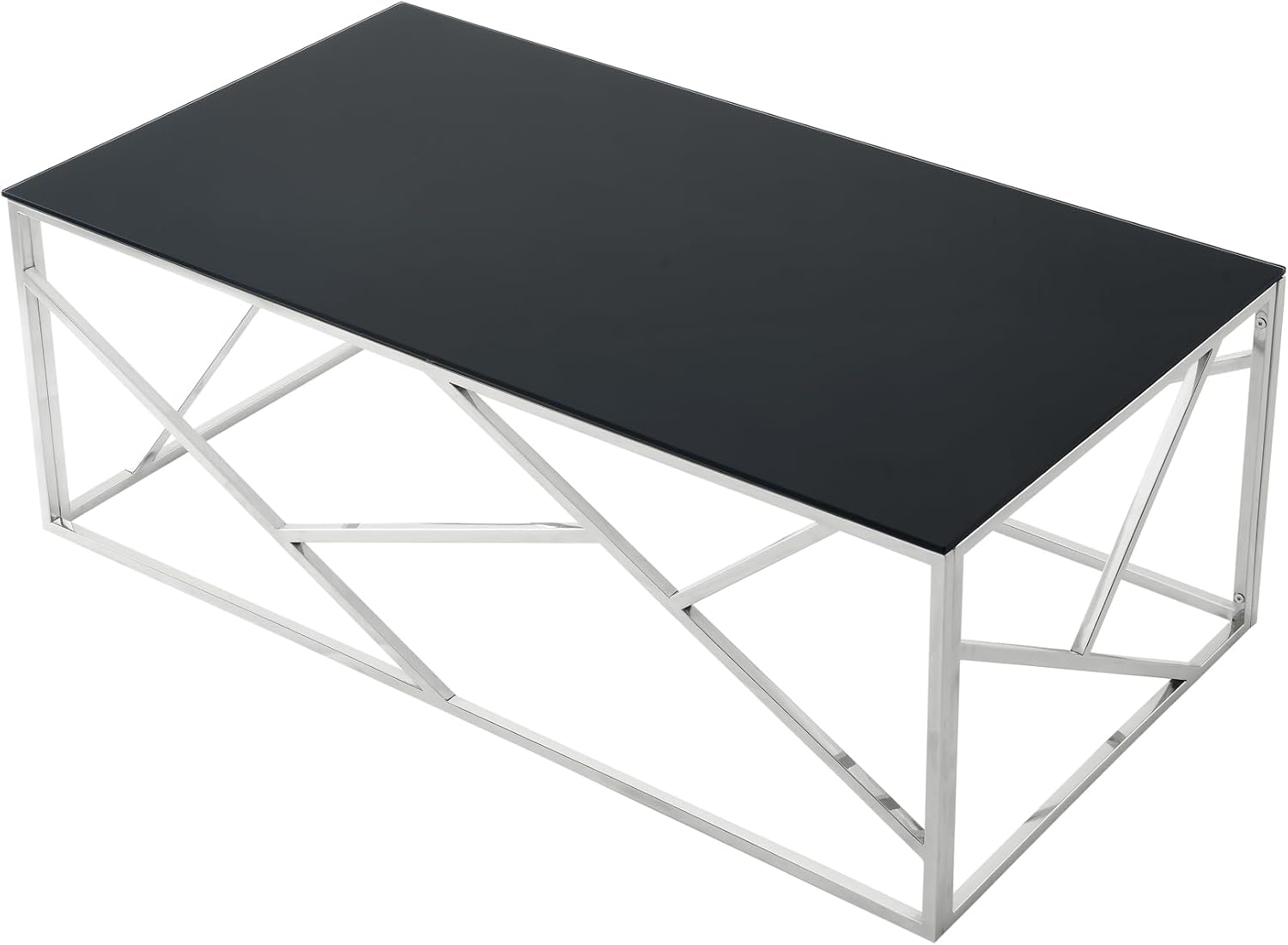 Moderna mesa rectangular de cristal con tapa de vidrio templado negro y marco de acero inoxidable para sala de estar y dormitorio, cromo pulido