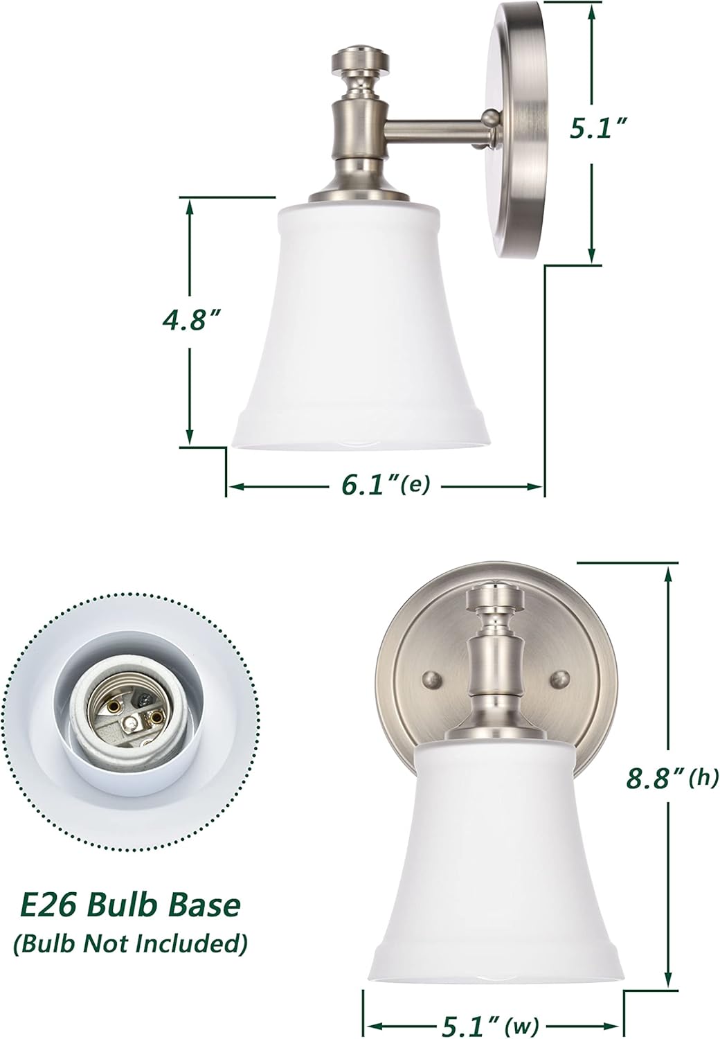 Wall Sconces, Traditional Brushed Nickel 1 Light Sconce, Wall Light with Opal Glass Shade for Bedroom Bathroom Living Room & Hallway Vanity Lighting