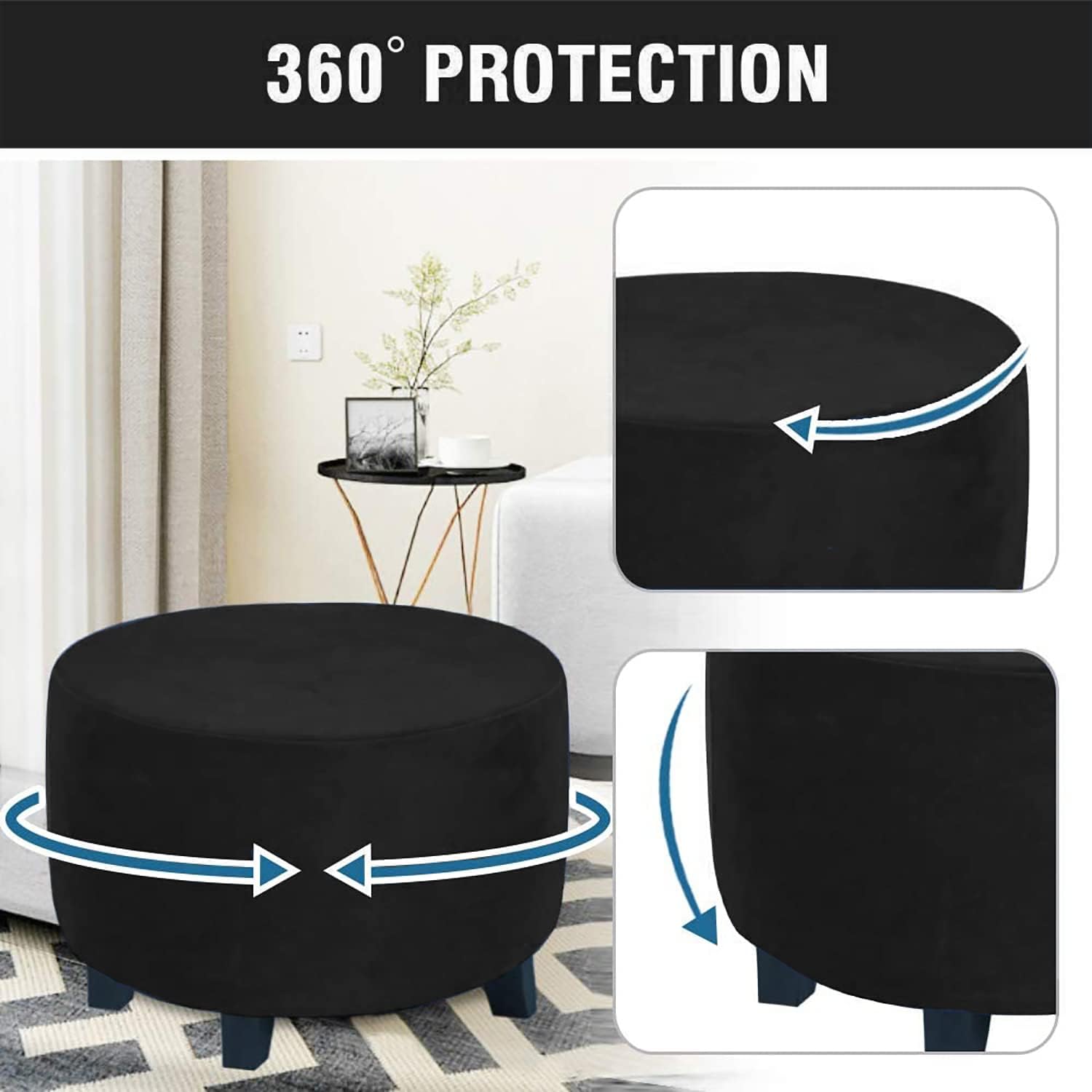 Abeibei Fundas otomanas redondas, protector otomano de alta elasticidad para reposapiés, taburete, muebles, fundas otomanas de terciopelo de felpa