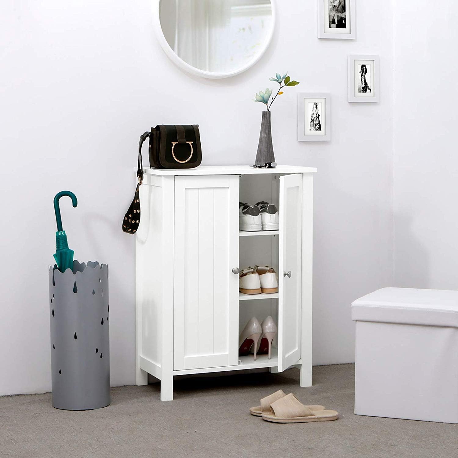 Armario de baño pequeño armario de almacenamiento de 2 puertas, muebles independientes con estante ajustable, almacenamiento de toallas de baño para