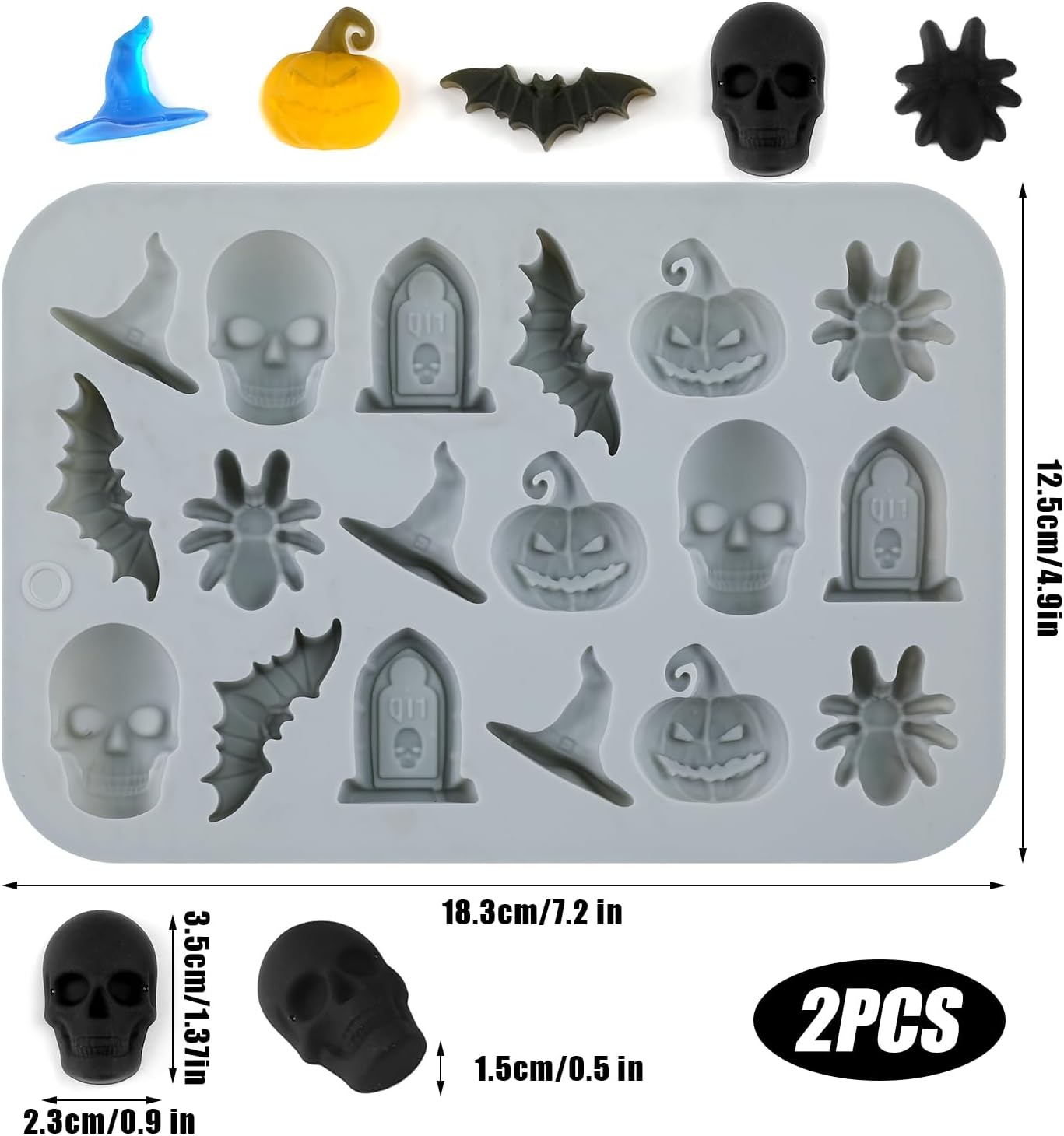 2 moldes para dulces de Halloween, molde de silicona de caramelo de chocolate para Halloween, calavera, calabaza, molde de silicona de Halloween